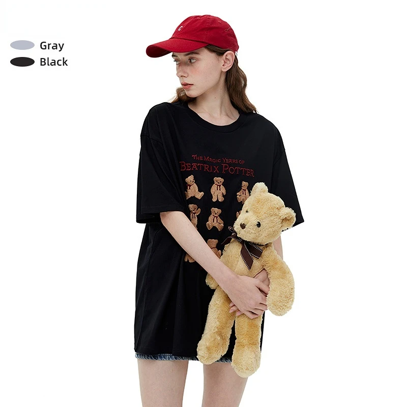 CnHnOH Plush Bear 2022 Summer New T-Shirt American Trend Couple Half Sleeve Top Women