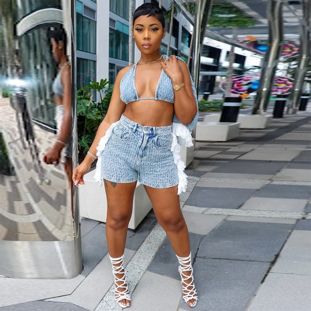 

Sexy Summer Cover Ups Bikini Two Piece Sets Jeans Women Shorts High Waist Button Fly Tassel Streetwear Slim Denim Trousers Suits