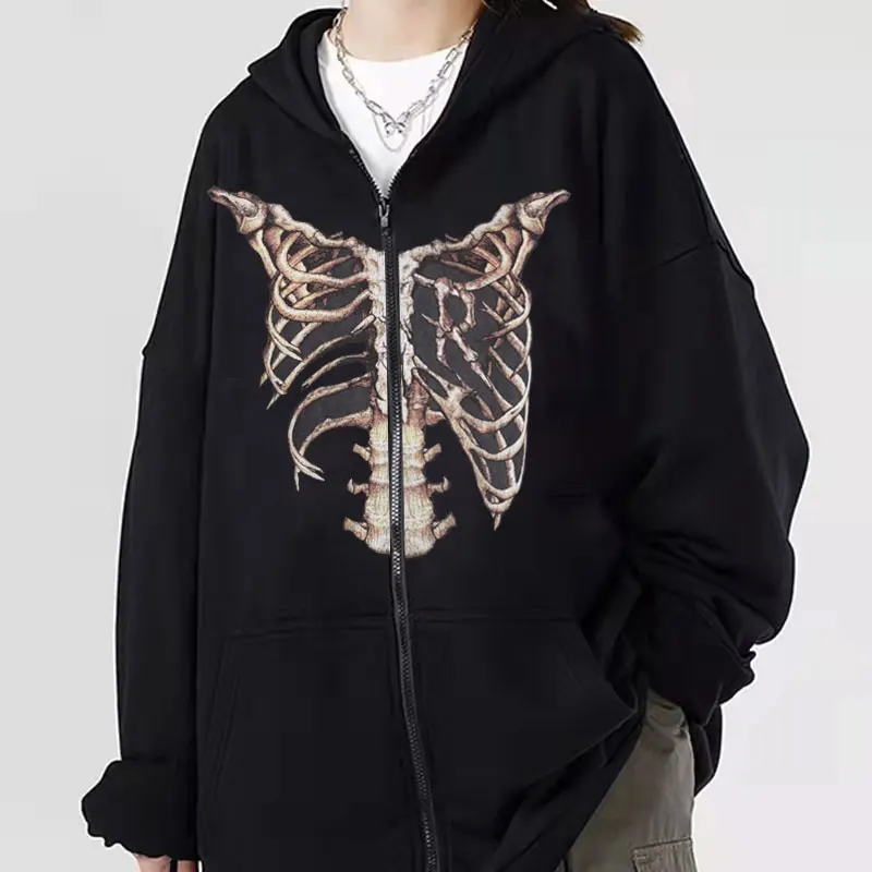 Толстовка женская оверсайз на молнии с принтом скелета в готическом стиле |