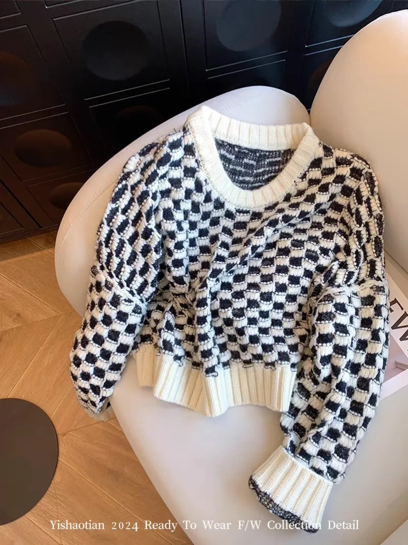 Женский Повседневный джемпер в клетку свободный трикотажный свитер контрастных