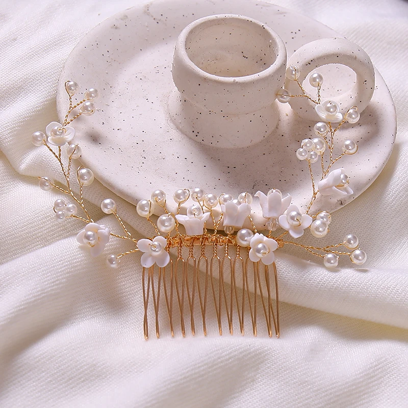 Flower Pearl Hair Combs Tiara Headband Party Queen Handmade Comb Women Bridal Wedding Hair Accessories Ornaments Jewelry Band images - 6
