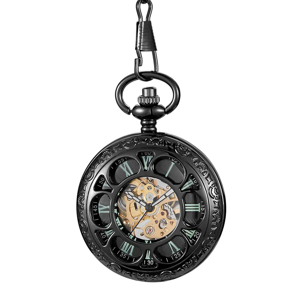 Vintage Black Steampunk Hollow Luminous Mechanical Pocket Watch Men Hand Wind Roman Numerals Skeleton Neckalce Watch Gift
