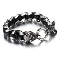 mens stainless steel double wolf head leather bracelet trend mens personality leather titanium steel bracelet mens gifts