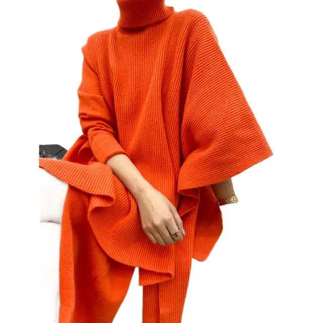 

Two women's knitted sets High collar cape sleeveless sweater vest Irregular sweater dress set