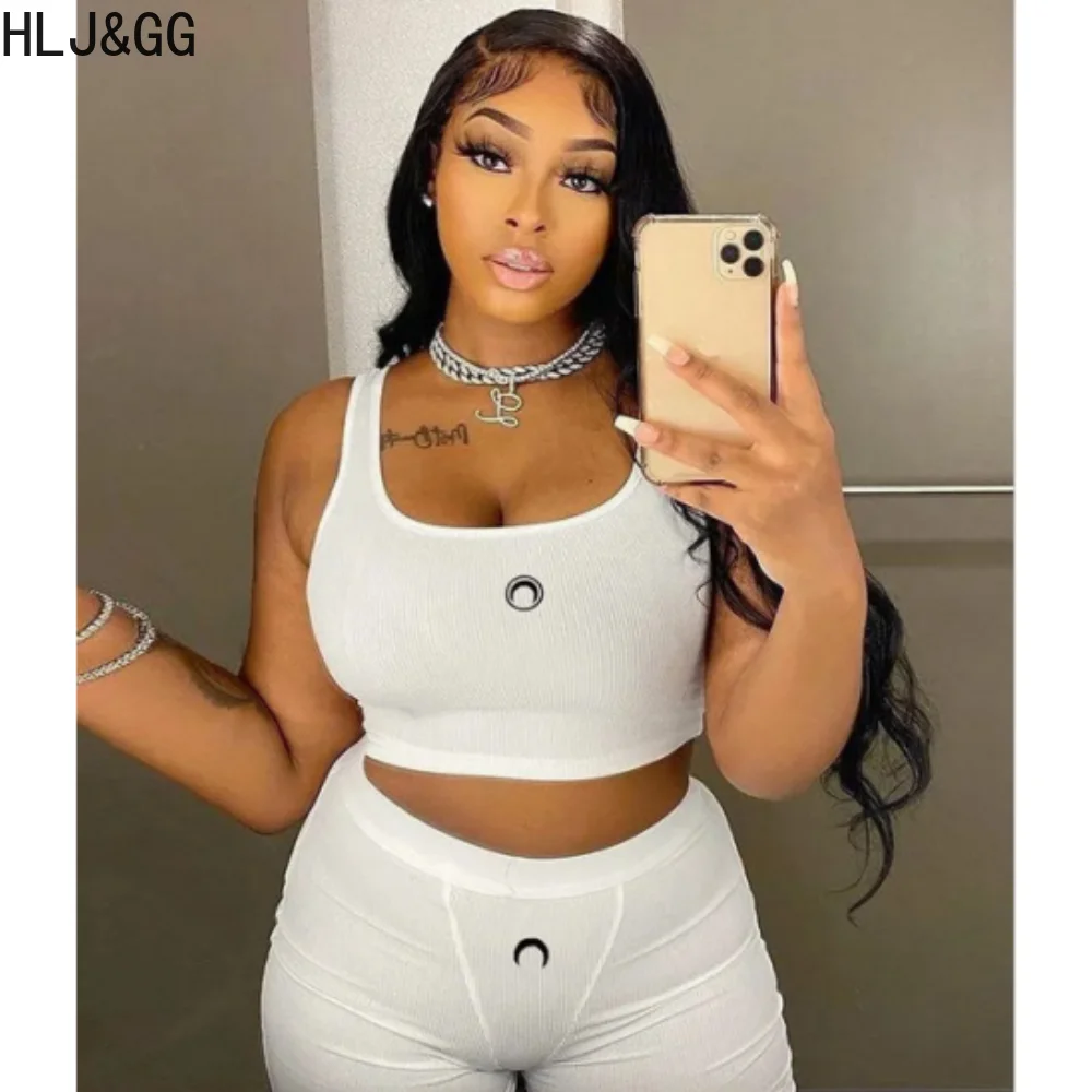

HLJ&GG Fashion Solid Color Vest Shorts Two Peice Suits Woman Moon Printing 2pcs Crop Tops+short Female Casual Sporty Suit 2pcs S