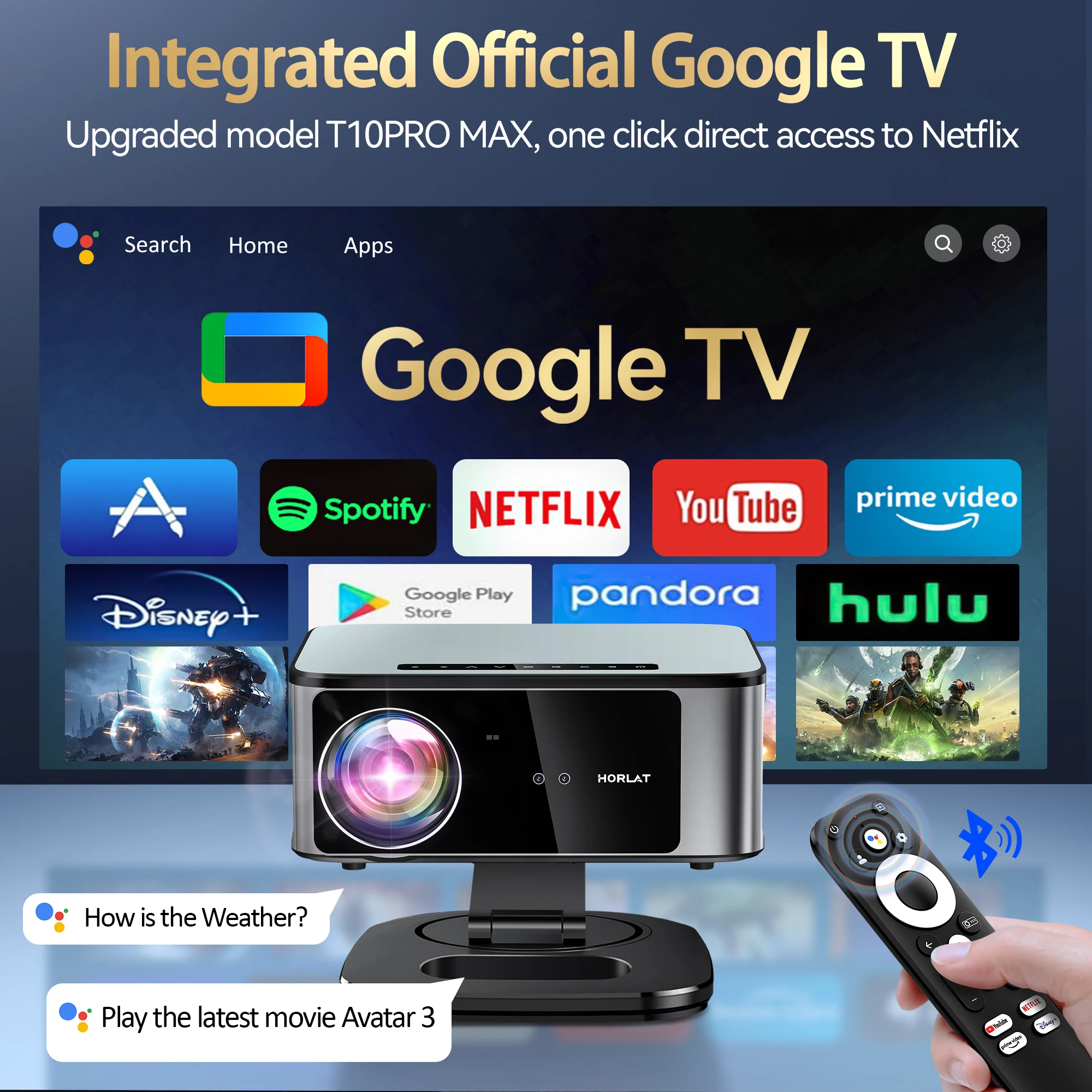 Фото Проектор HORLAT Google TV 2026, 3000 ANSI люмен, Full HD 1080P, автофокус, WiFi 6, поддержка 3D и 4K, для умного домашнего кинотеатра, Dolby №4