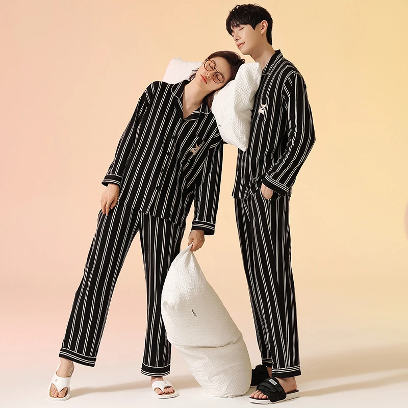 Spring and Autumn Cotton Couple Pajamas Women Turn-down Collar Long Sleeve Pajama Sets Soft Outfits Winter Men Home Clothes Suit