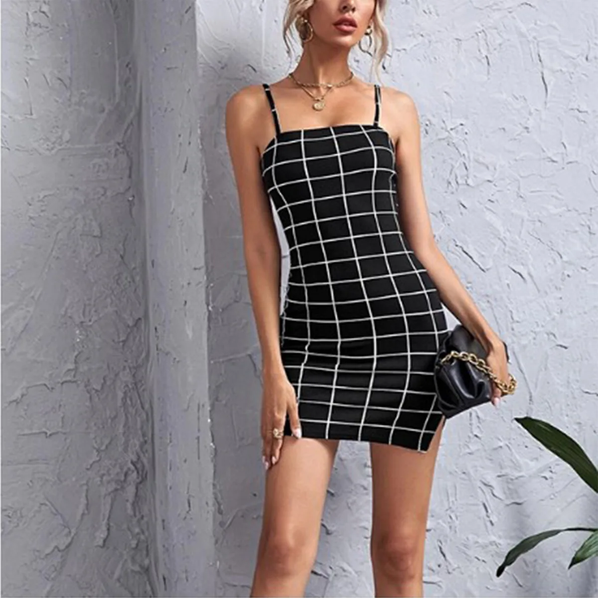 

Sexy Suspender Open Bback Slim Plaid Printing Boho Dress square collar Summer Sleeveless Dresses Women Hotsale Mini Dress Femme