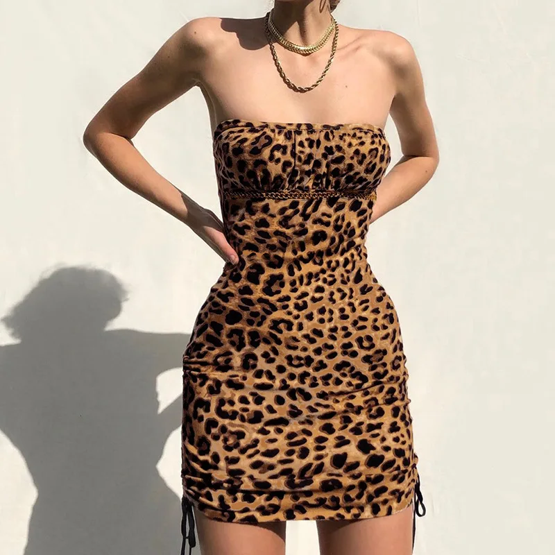 

Sexy Leopard Print Tube Top Mini Dress Women Summer Strapless Drawstring Bodycon Backless Dress For Party Night Club Vestido