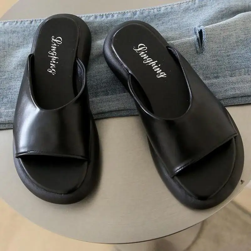 

Женские кожаные шлепанцы на подошве, женские сексуальные мюли, черные сандалии с открытым носком, без застежки, обувь Ytmtloy для дома, 2022