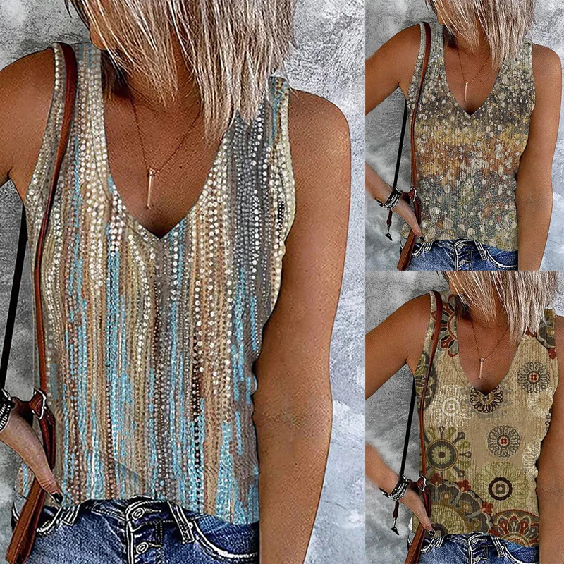 

Women Summer Sleeveless T-shirt Plus Size Vintage Style Printed Vest V-neck Tank Tops Female Tees Casual Sexy Streetwear S-3xl