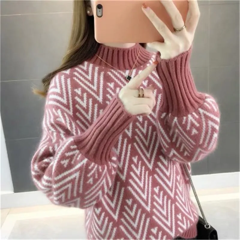 

QNPQYX Autumn Winter Knitted Loose Sweater Women Pullovers Korean Fashion Lazy Short Lantern Sleeve Sweaters Thick Female Tops