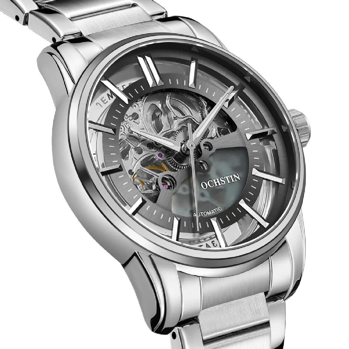 

Mechanical Automatic Men's Watches OCHSTIN Transparent Sereo Case Mens Watch Stainless Steel Strap Waterproof Man Casual Clock