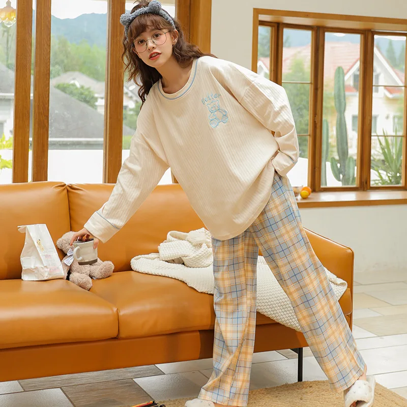 

1 Pajama women's spring and autumn long-sleeved cotton suit 2023 new student ins loose home clothes in autumn and winter.