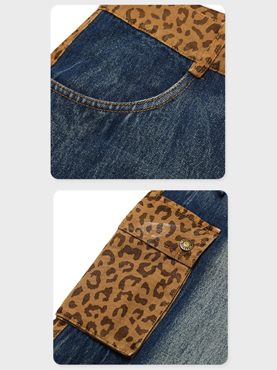 Four Seasons Trend Men Leopard Print Stitching Ripped Jeans Loose Casual Trousers Y2k Men Jeans Fashion Streetwear Ins Hot Sale