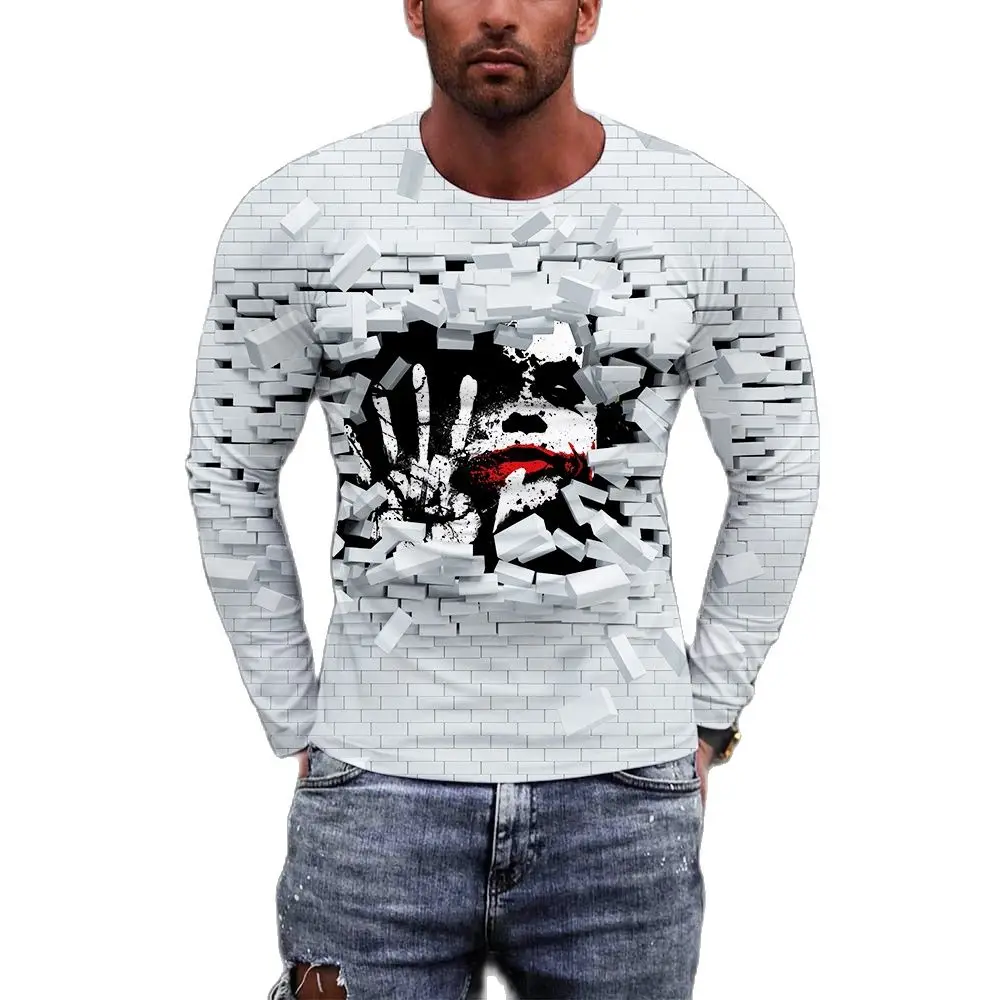 

Футболка мужская с длинным рукавом, свободная повседневная хлопковая рубашка с круглым вырезом и интересным 3D-принтом клоуна, уличная мода