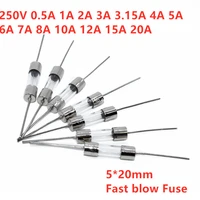 20pcs 520mm straight pin fast blow glass fuse 5x20mm 250v 0 1a 0 5a 1a 2a 3a 3 15a 4a 5a 6a 8a 10a 12a 15a