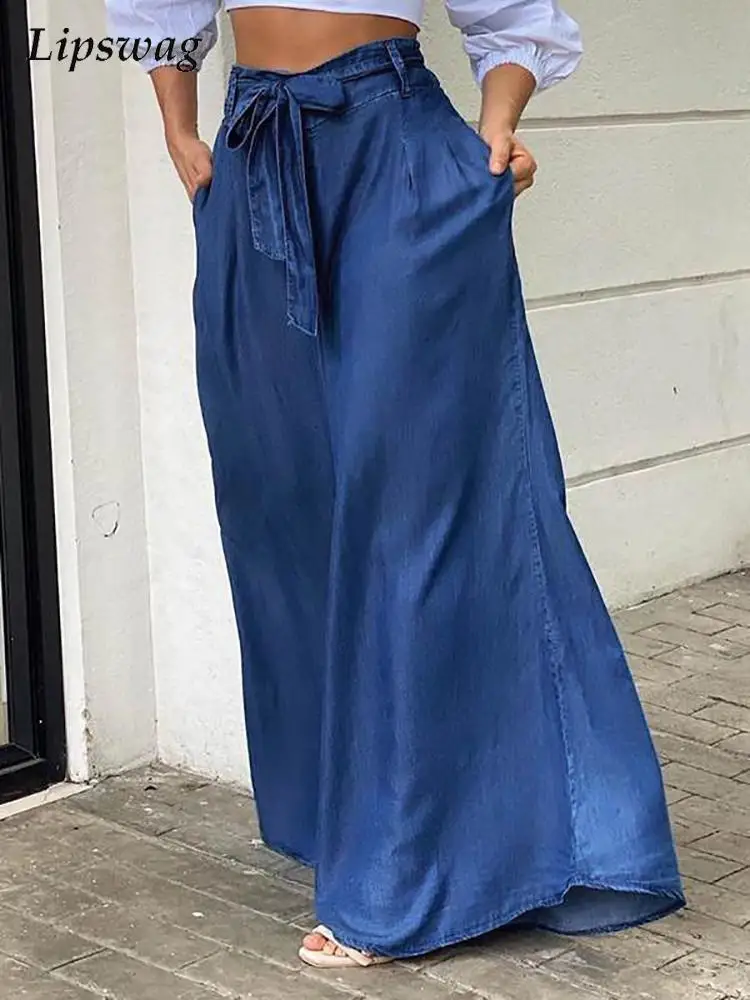 

Women 2022 Summer Fashion Solid High Waist Long Pants Sexy Denim Wide Leg Pants Ladies Casual Loose Lace-up Waist Jean Trousers
