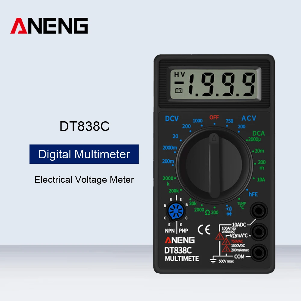

Mini DT838C Digital Multimeter Tester HTF Voltmeter Buzzer Current Resistance Temperature Meter AC DC Ammeter Diode Test Lead