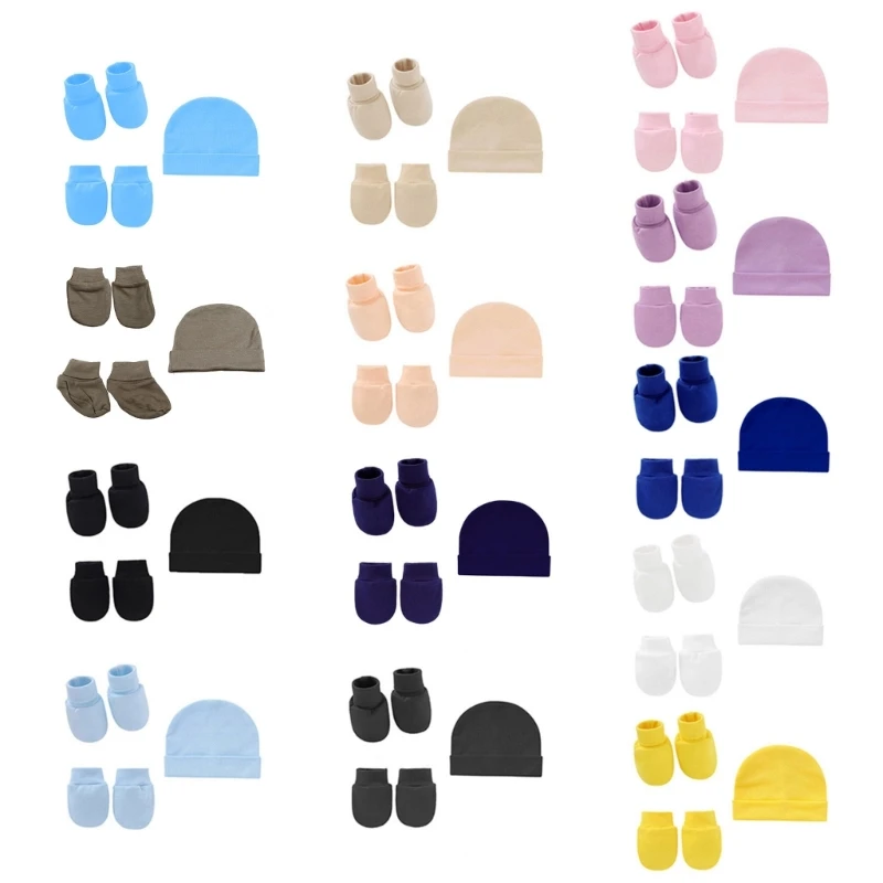 

3 Pcs/Set Solid Color Baby Anti Scratching Soft Cotton Foot Cover Gloves Hat Set