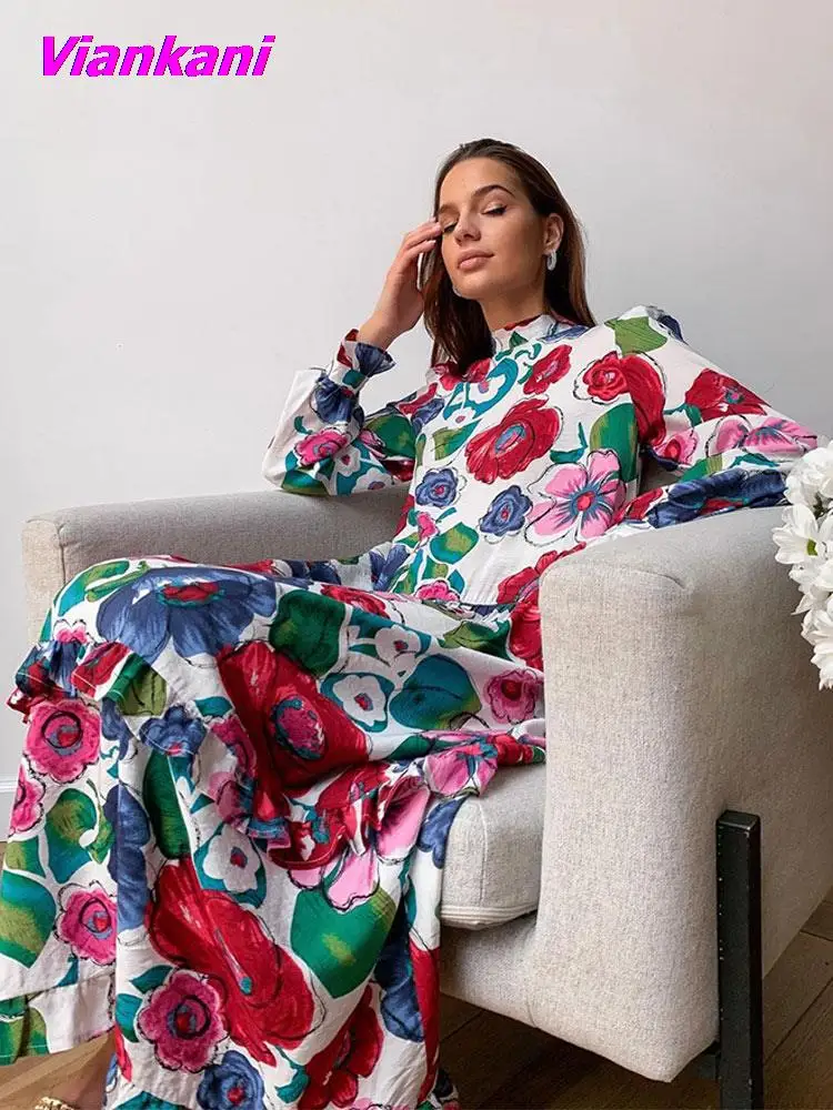 

Summer Floral Printed Midi Dress For Women Elegant Pleated Ruffles Dresses Female 2022 Lady Party Beach Dress Holiday Clothes