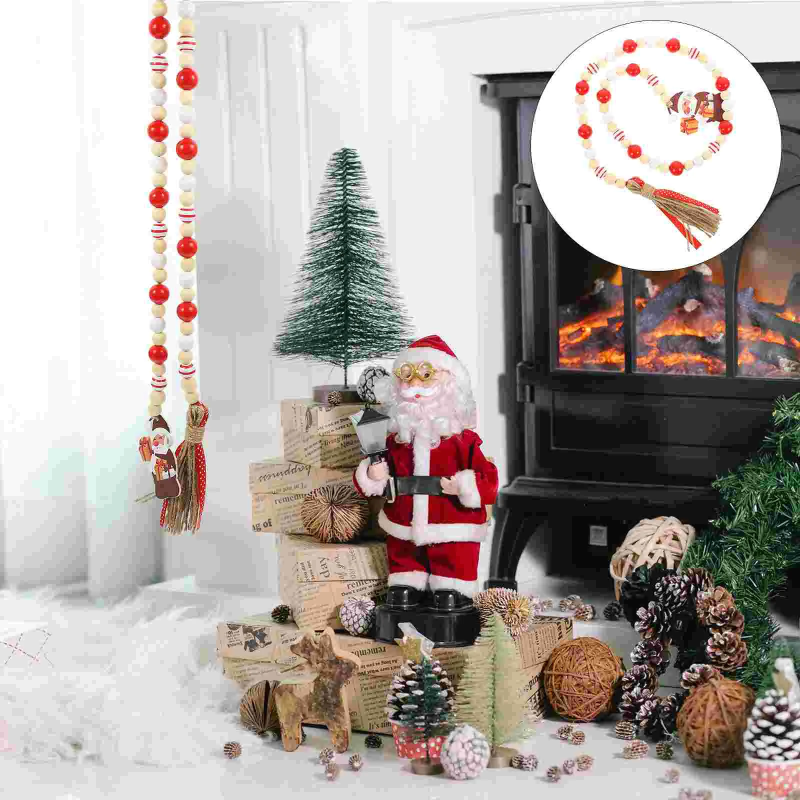 

Bead Garland Christmas Decorwooden Hanging Beads Beaded Tree Pendant Wood Rustic Door Wall Farmhouse Strings Party Ornaments