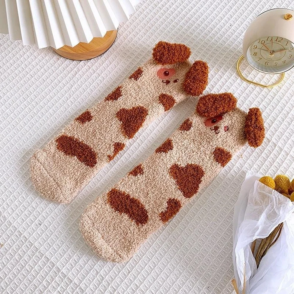 5 Pairs Winter Japanese Plush Coral Fleece Socks Female Mid-tube Cute Cartoon Plus Velvet Thickening Warm Home Floor Socks