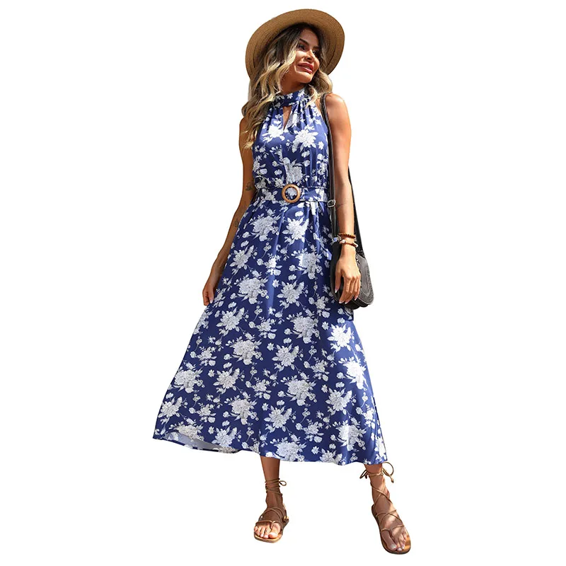 

Witbuy Blue Floral Beach Style Dresses For Women 2022 Summer Hollow Out A Line Sleeveless Neck-mounted With Belt Pullover Dress