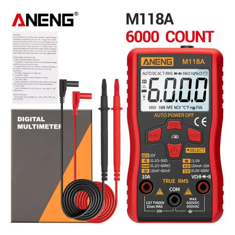 

ANENG Mini M118A 6000 Counts Multimeter Voltage Tester Resistance Detector True RMS Auto-off Meter with Flashlight