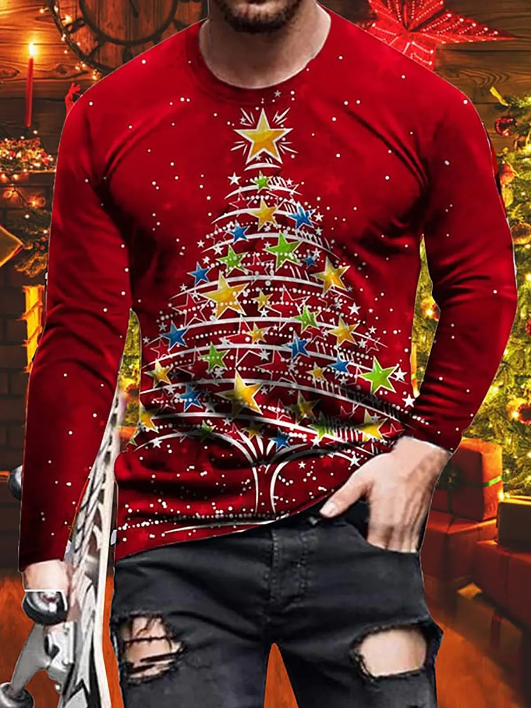 

Molilulu Men's Christmas Print Crew Neck Long Sleeve T-Shirt