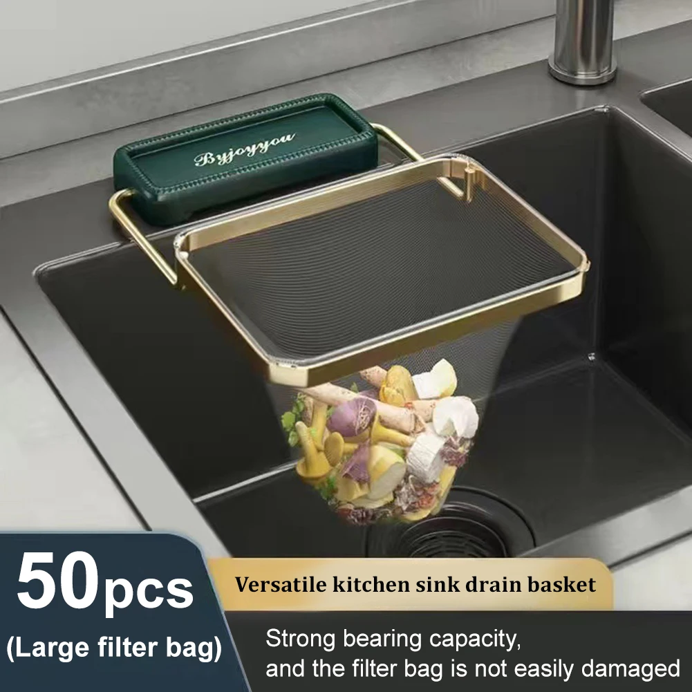 

Kitchen Sink Drain Basket Foldable Frame Strainer Caddy Vegetable Fruit Drainer Leftover Filter Shelf with 50 Disposable Bags