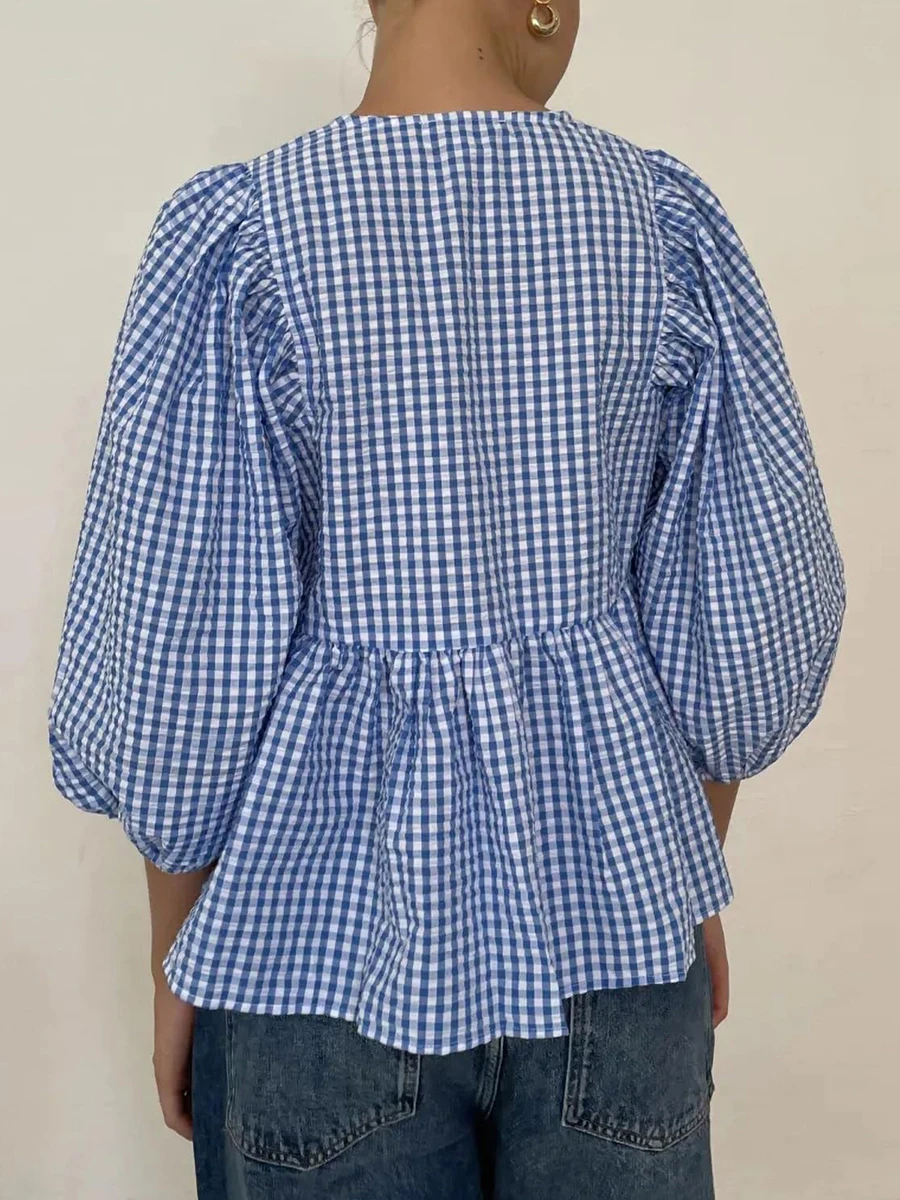 Женская рубашка с принтом в клетку пышными рукавами