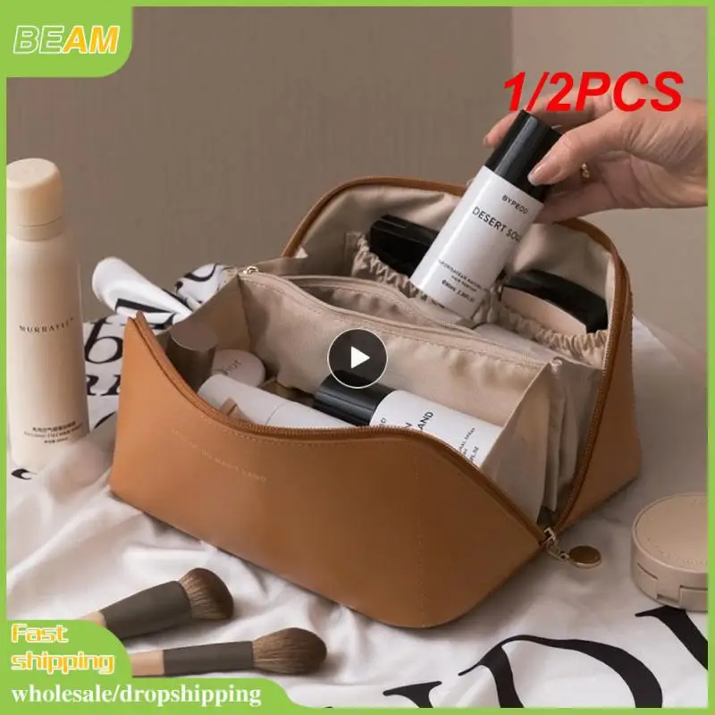 

1/2PCS Large-capacity Makeup Bag Portable PU Leather Travel Wash Cosmetic Bag Toiletries Organizer Female Storage Cases 2022 New