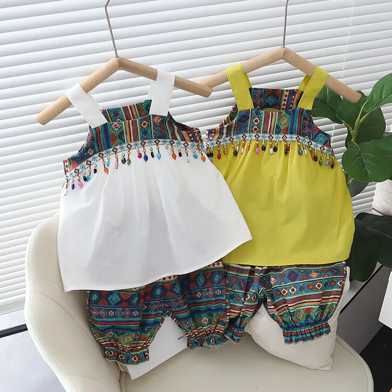 

Vacation style Girls Clothing Sets Summer Kids Clothing Sets Sleeveless T-shirt Shorts Pants 2Pcs Suit Children Girl Suit