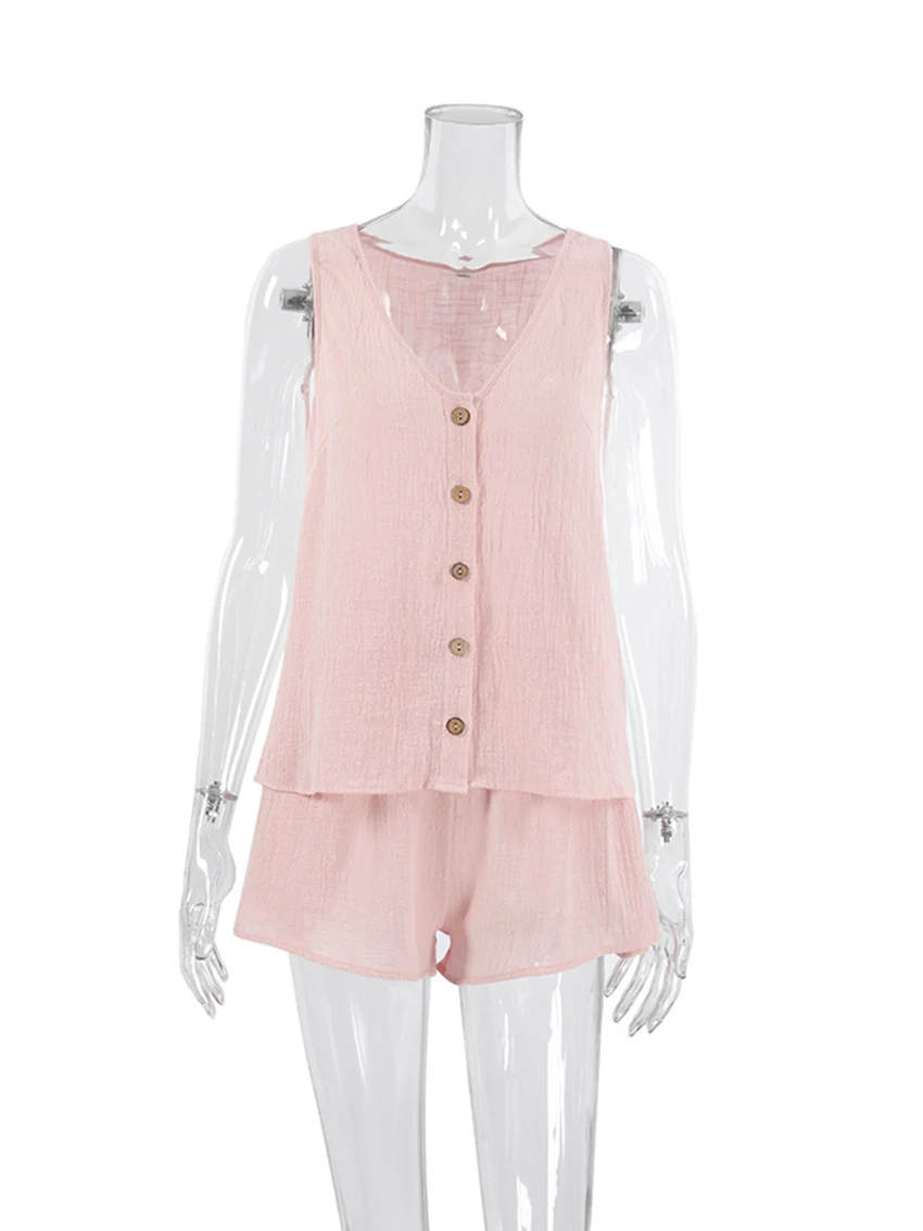 Marthaqiqi Solid Cotton Women'S Pajamas Set Sexy Tank Tops Sleepwear Low-Cut V-Neck Nightwear Shorts Femme Summer Pyjamas Suits