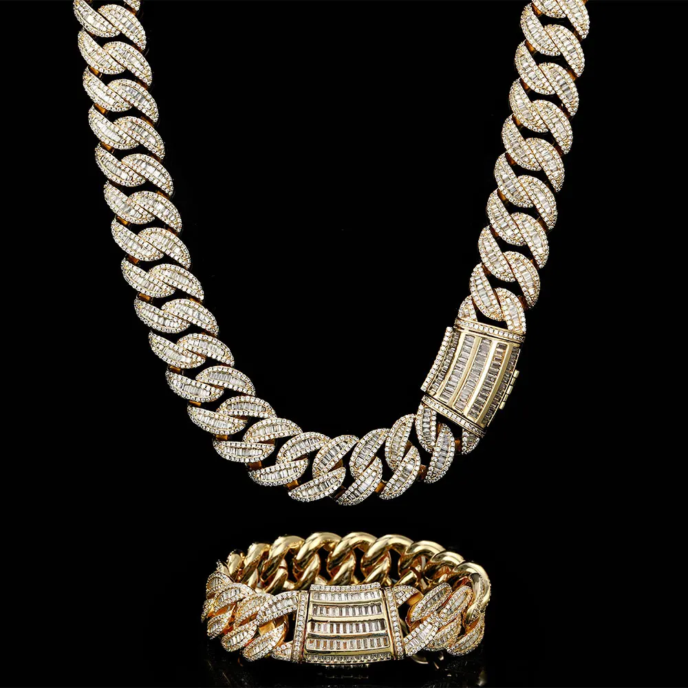 Hip Hop 20mm Baguette Cuban Link Chain Miami Men Rapper Jewelry Iced Out Necklace