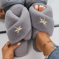 fur slippers women designer furry slides ladies flip flops metal dragonfly faux fur sandals house slippers female luxury shoes