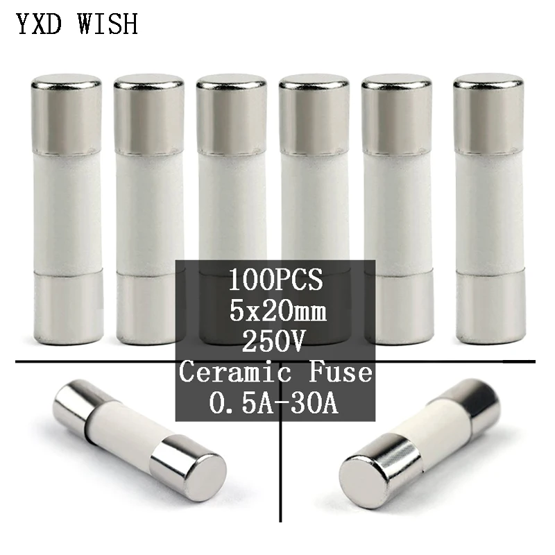

100 шт. 5x20 мм быстродействующий керамический предохранитель 5*20 мм 250 в A 1A 2A 3A 4A 5A 6A 6.3A 8A 10A 15A 16A 20A 25A 30A AMP Предохранитель керамический предохрани...