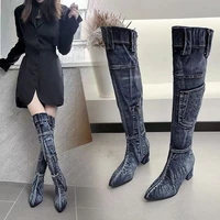 women low heel cowboy boots autumn high heel high fashion buckle over the knee warm winter shoes vintage woman combat boots