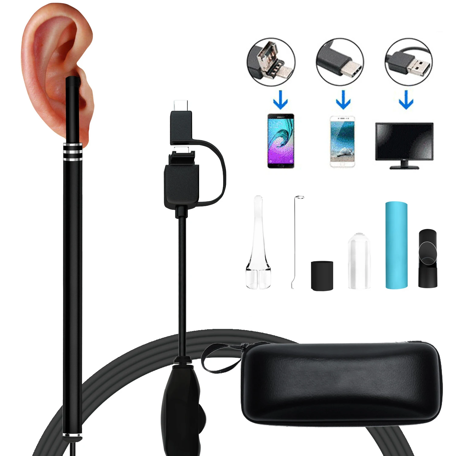 

Black USB Visual Ear Wax Cleaning Endoscope Spoon 5.5mm Mini Borescope Android PC Earwax Pick Tool Health Care Otoscope Camera