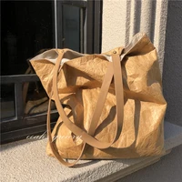 naturally pleated large capacity washed kraft paper tote bag shoulder bag waterproof handbag women hang bag