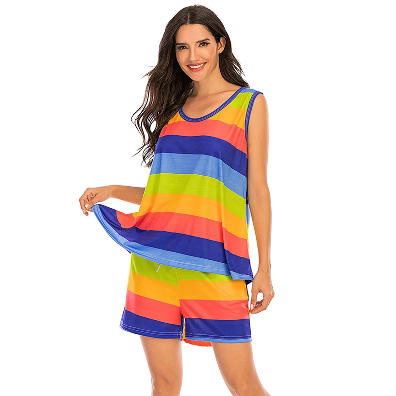 

Женская пижама, Летняя короткая одежда для сна, мягкий удобный пижамный комплект, женская пижама с принтом в полоску, Женская домашняя одежд...