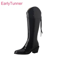 2022 Winter Comfortable Black White Women Mid Calf Boots Round Toe High Square Heel Lady Dress Shoes Plus Big Size 12 43 45 48