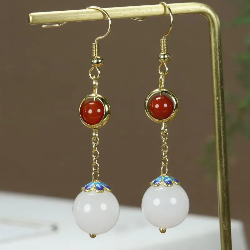 

Natural White Jade Round Bead Earrings Women Healing Gemstone Fine Jewelry Genuine Hetian Jades Nephrite Ball Drop Earring
