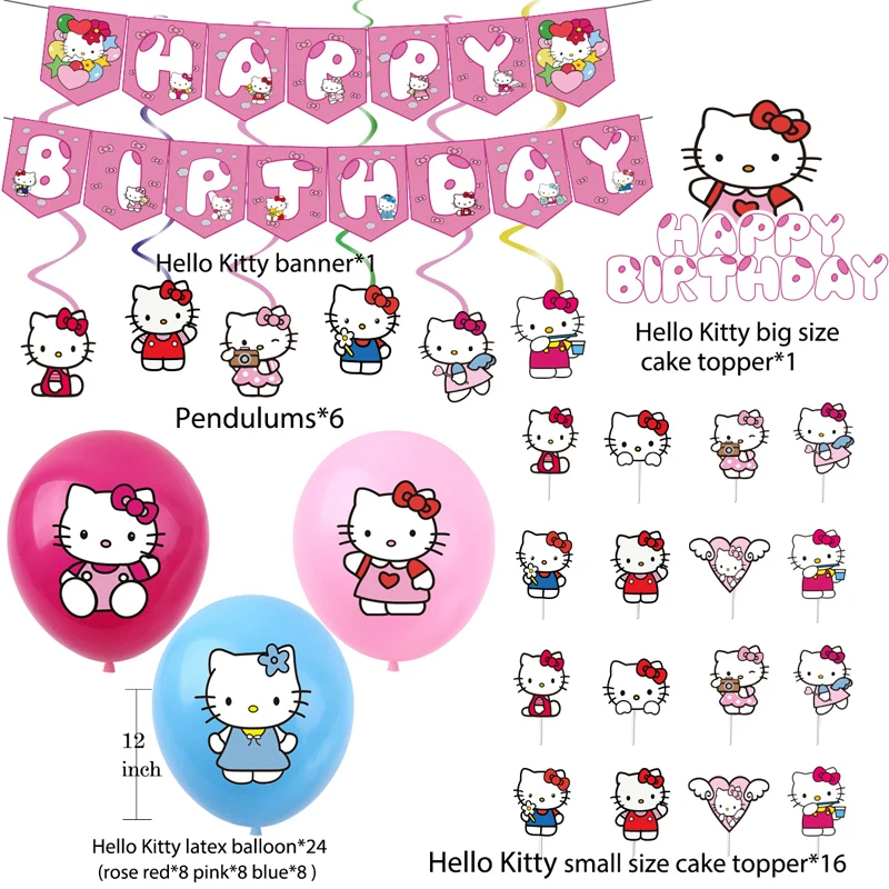 

Kt Cat Birthday Party Holiday Girl Decoration Balloon Pull Flag Cake Insert Card Spiral Charm Girls Party Decoration Supplies
