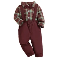 infant gentle boys clothing sets springs autumn new kids boys long sleeve plaid bowtie shirt topssuspender pants clothes outfit