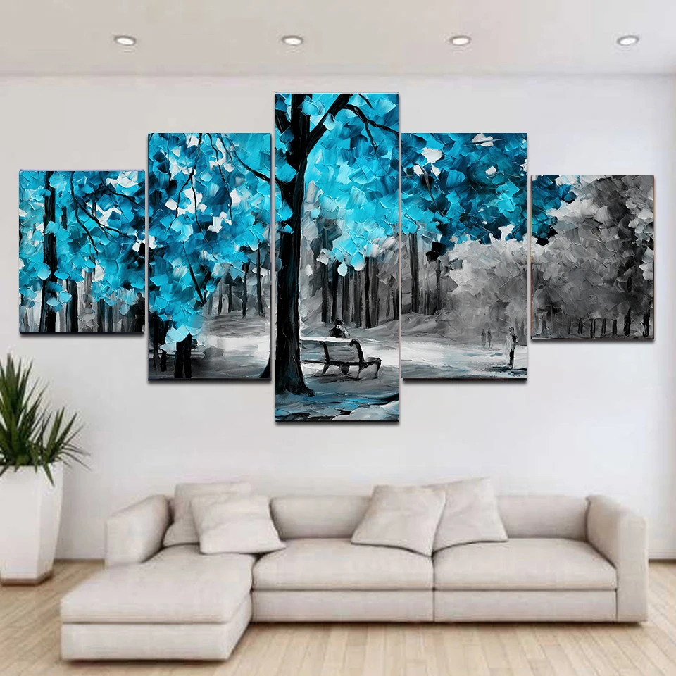 

5 панелей абстрактный пейзаж красочные синие Красные Деревья Картина маслом на холсте постеры и принты настенные картины Домашний Декор бе...