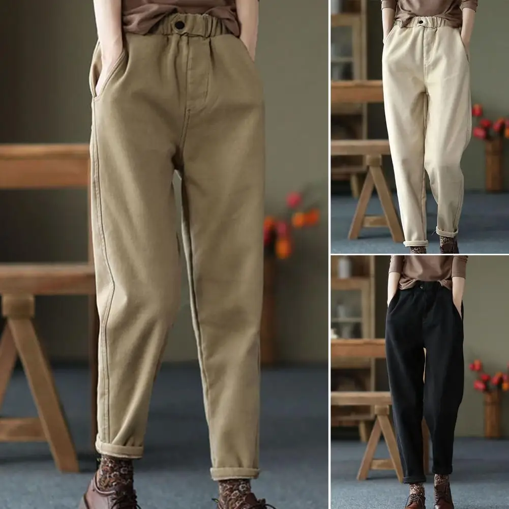 

Elastic Waist Mid-Rise Slant Pockets Thickened Thermal Pants Women Autumn Winter Fleece Lined Sweatpants Solid Color Trousers