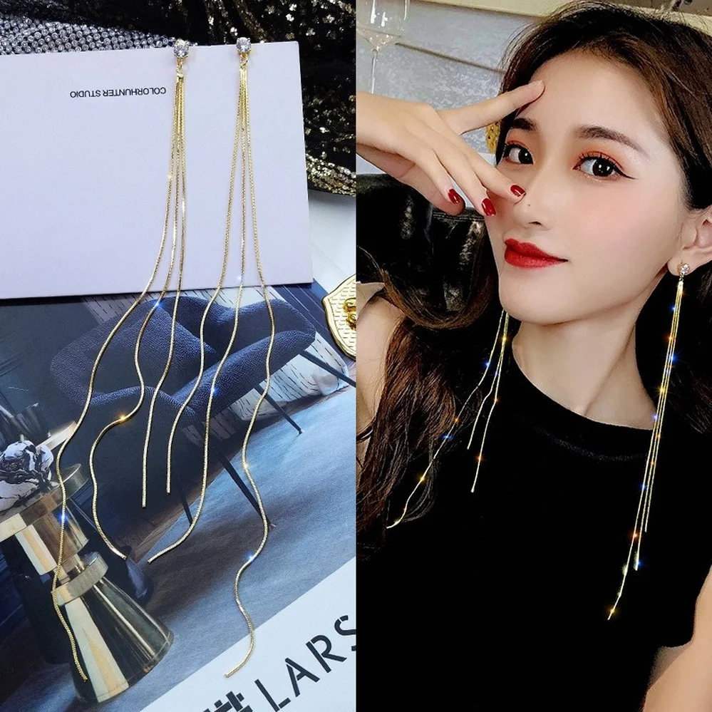 Fashion Extra Long Tassel Drop Earring for Women Shine CZ Zircon Dangle Ear-ring Charm Girl EarWire Party Jewelry Beautiful Gift