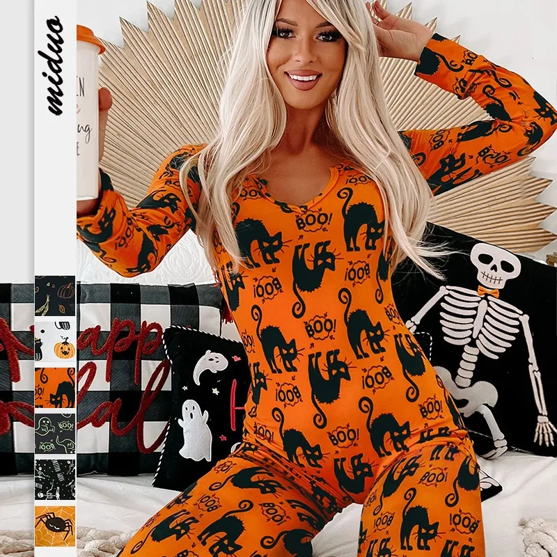 

2023 Halloween New Ghost Digital Printing Jumpsuit Home Service Casual Trousers European and American Women's Cos Clothing